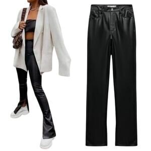 Zara Faux Leather Pants Flared Slit Hem Leg Slim Fit High Waist Black Womens 4